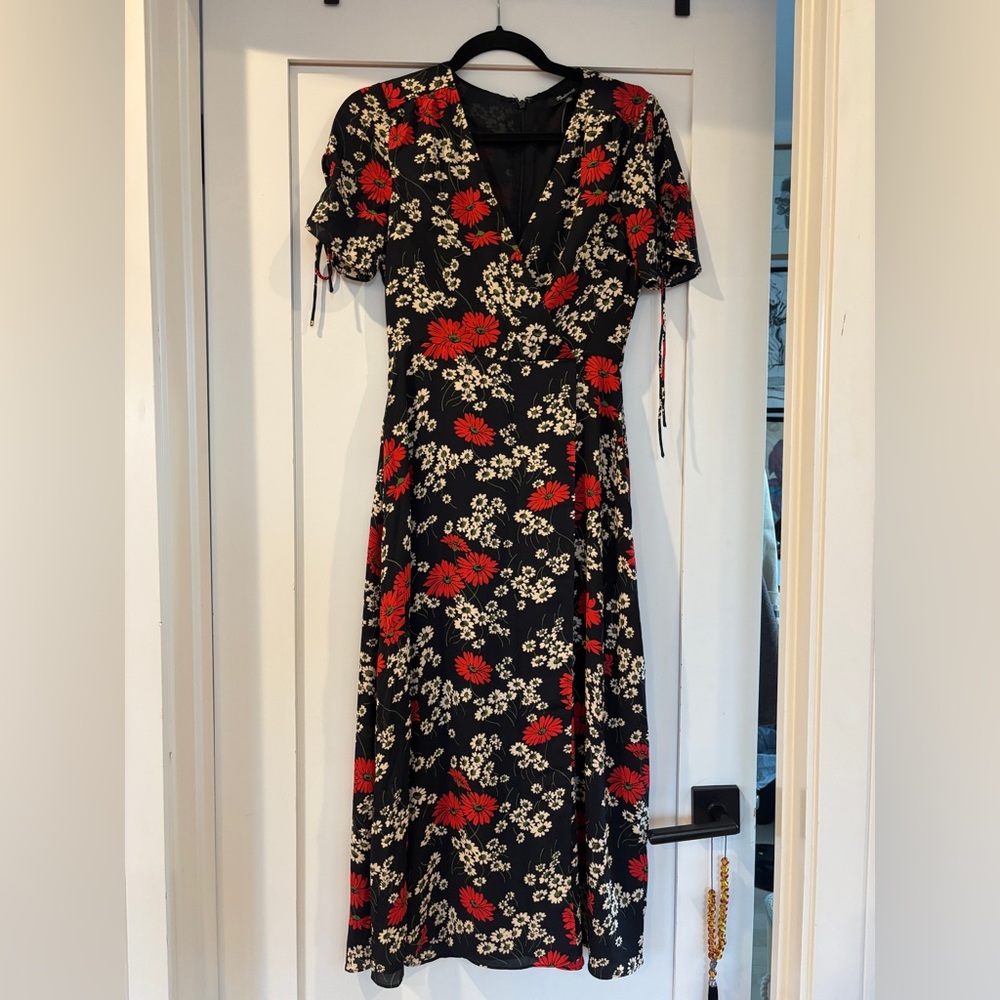 Madewell Black Midi Wrap Dress with Red & Cream Floral Print